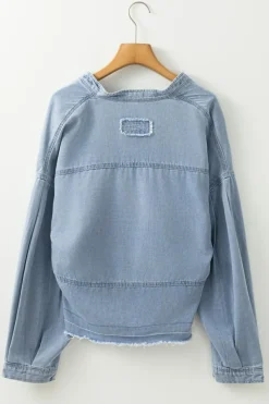 Outlet Dear-Lover Light Wash Exposed Stitching Raw Hem V Neck Denim Top Beau Blue