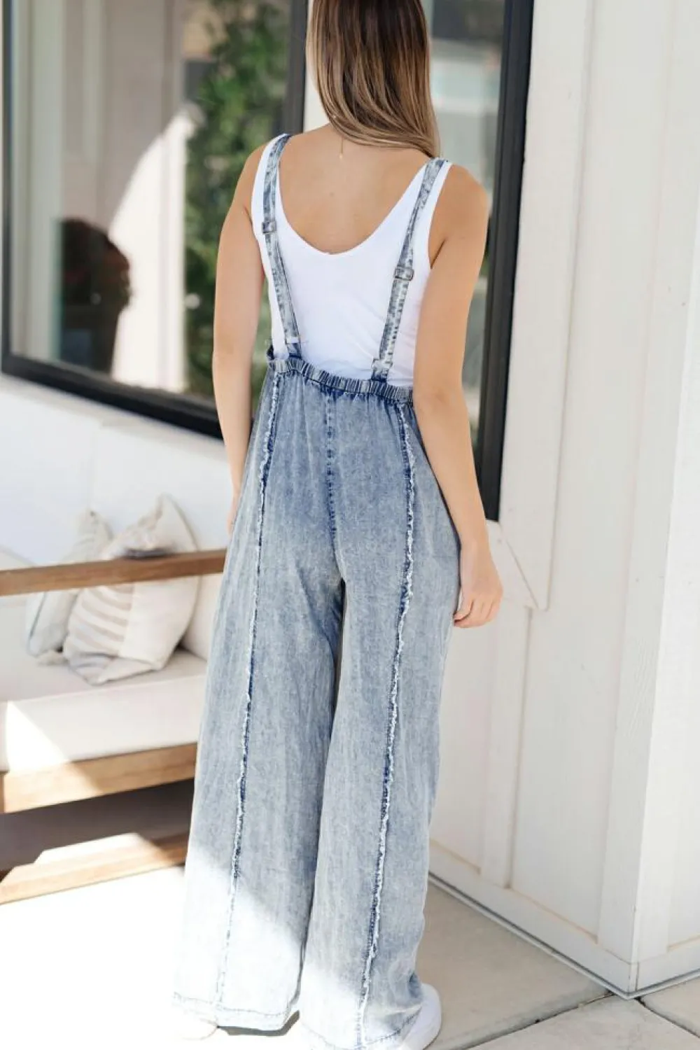 Clearance Dear-Lover Light Wash Frayed Exposed Seam Wide Leg Denim Overall Beau Blue