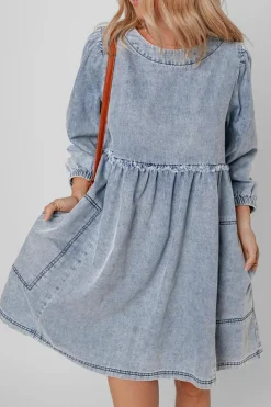 Fashion Dear-Lover Light Wash High Waist Loose Fit Denim Mini Dress Beau Blue