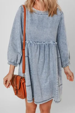 Fashion Dear-Lover Light Wash High Waist Loose Fit Denim Mini Dress Beau Blue