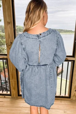 Fashion Dear-Lover Light Wash High Waist Loose Fit Denim Mini Dress Beau Blue