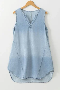 Hot Dear-Lover Light Wash Split Neck Sleeveless Chambray Dress Beau Blue