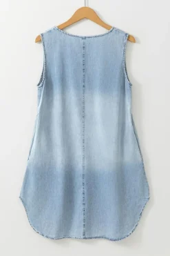 Hot Dear-Lover Light Wash Split Neck Sleeveless Chambray Dress Beau Blue