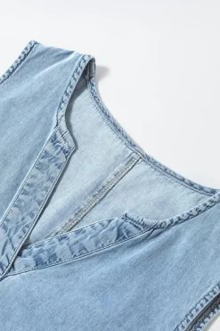 Hot Dear-Lover Light Wash Split Neck Sleeveless Chambray Dress Beau Blue