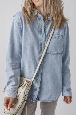 Hot Dear-Lover Long Sleeve Buttoned Chest Pocket Denim Shacket Beau Blue