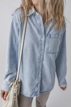 Hot Dear-Lover Long Sleeve Buttoned Chest Pocket Denim Shacket Beau Blue