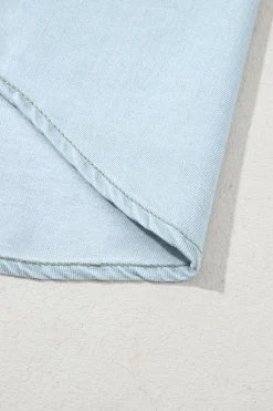 Clearance Dear-Lover Mineral Wash Cap Sleeve Frilled Button Up Denim Shirt Beau Blue