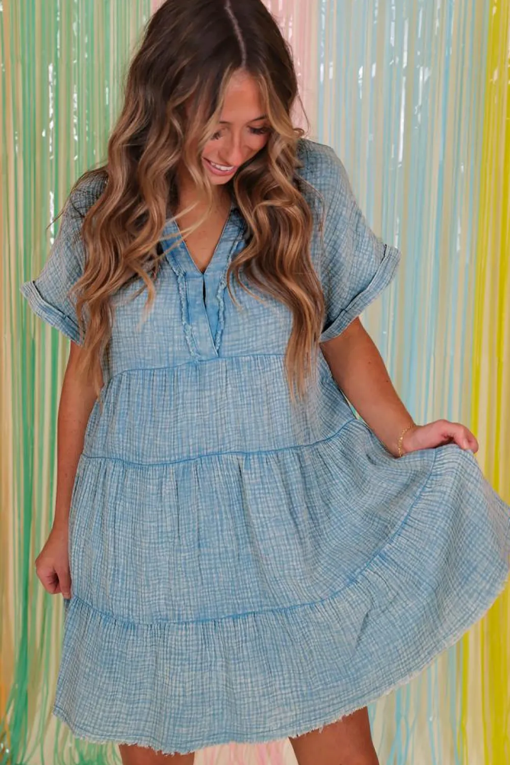 Fashion Dear-Lover Mineral Wash Crinkle Split Neck Raw Hem Tiered Dress Beau Blue