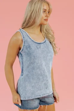 Discount Dear-Lover Mineral Wash Denim Frayed U Neck Sleeveless Top Beau Blue