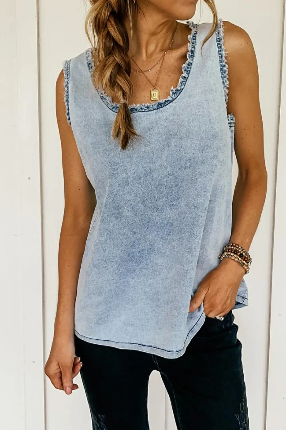 Discount Dear-Lover Mineral Wash Denim Frayed U Neck Sleeveless Top Beau Blue