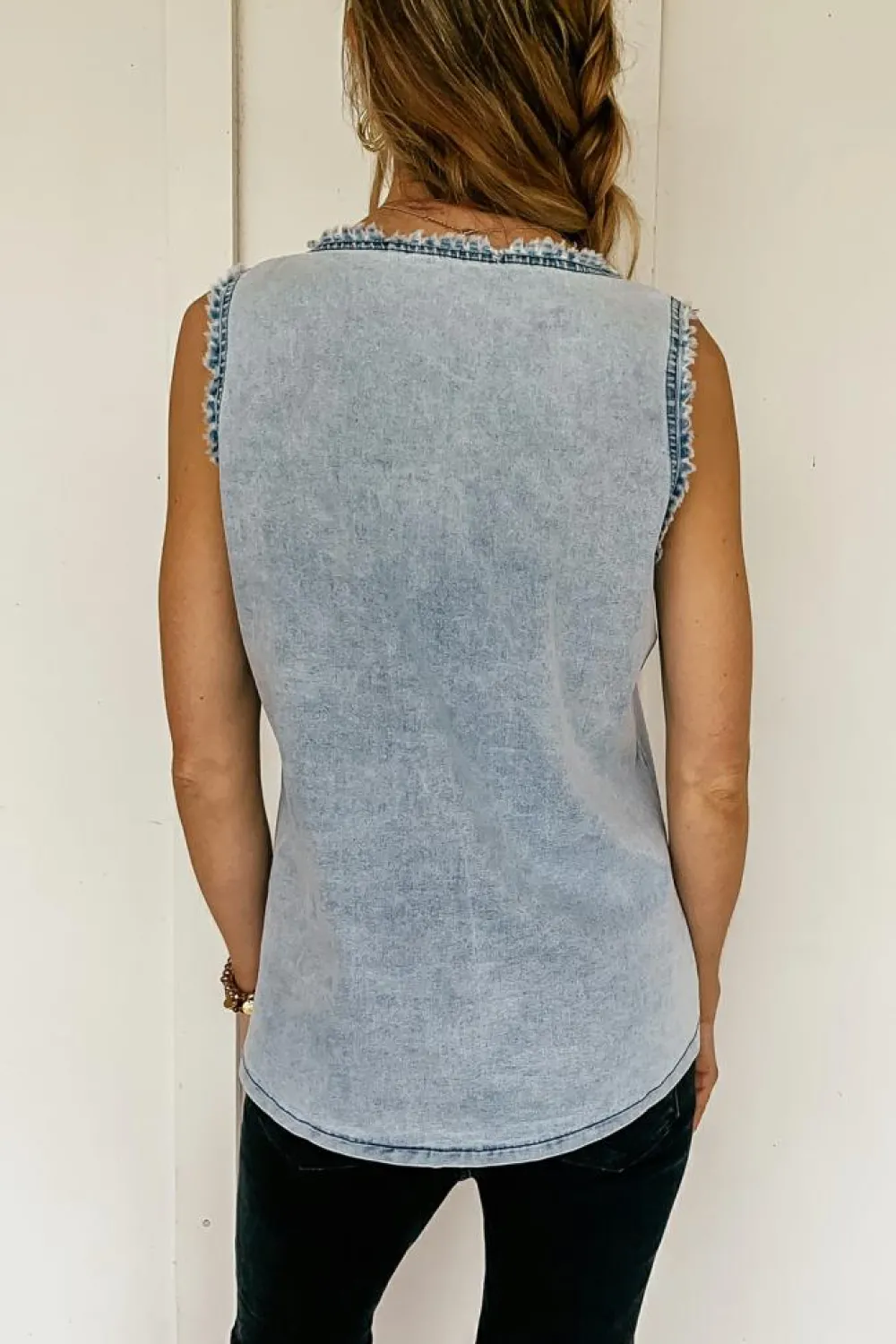 Discount Dear-Lover Mineral Wash Denim Frayed U Neck Sleeveless Top Beau Blue