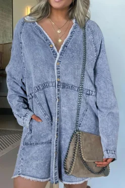 Discount Dear-Lover Mineral Wash Long Sleeve Button Up Raw Hem Pocketed Denim Dress Beau Blue