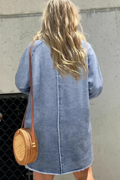 Discount Dear-Lover Mineral Wash Long Sleeve Button Up Raw Hem Pocketed Denim Dress Beau Blue