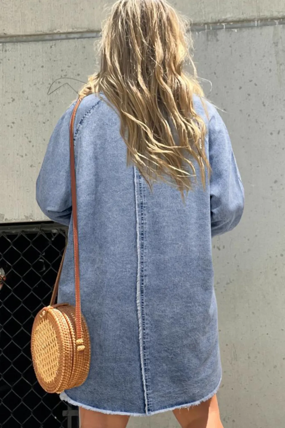 Discount Dear-Lover Mineral Wash Long Sleeve Button Up Raw Hem Pocketed Denim Dress Beau Blue