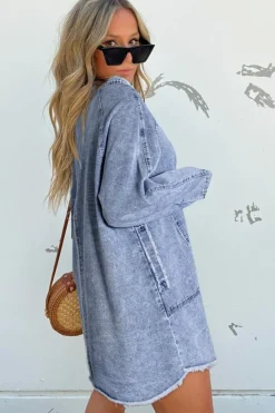 Discount Dear-Lover Mineral Wash Long Sleeve Button Up Raw Hem Pocketed Denim Dress Beau Blue