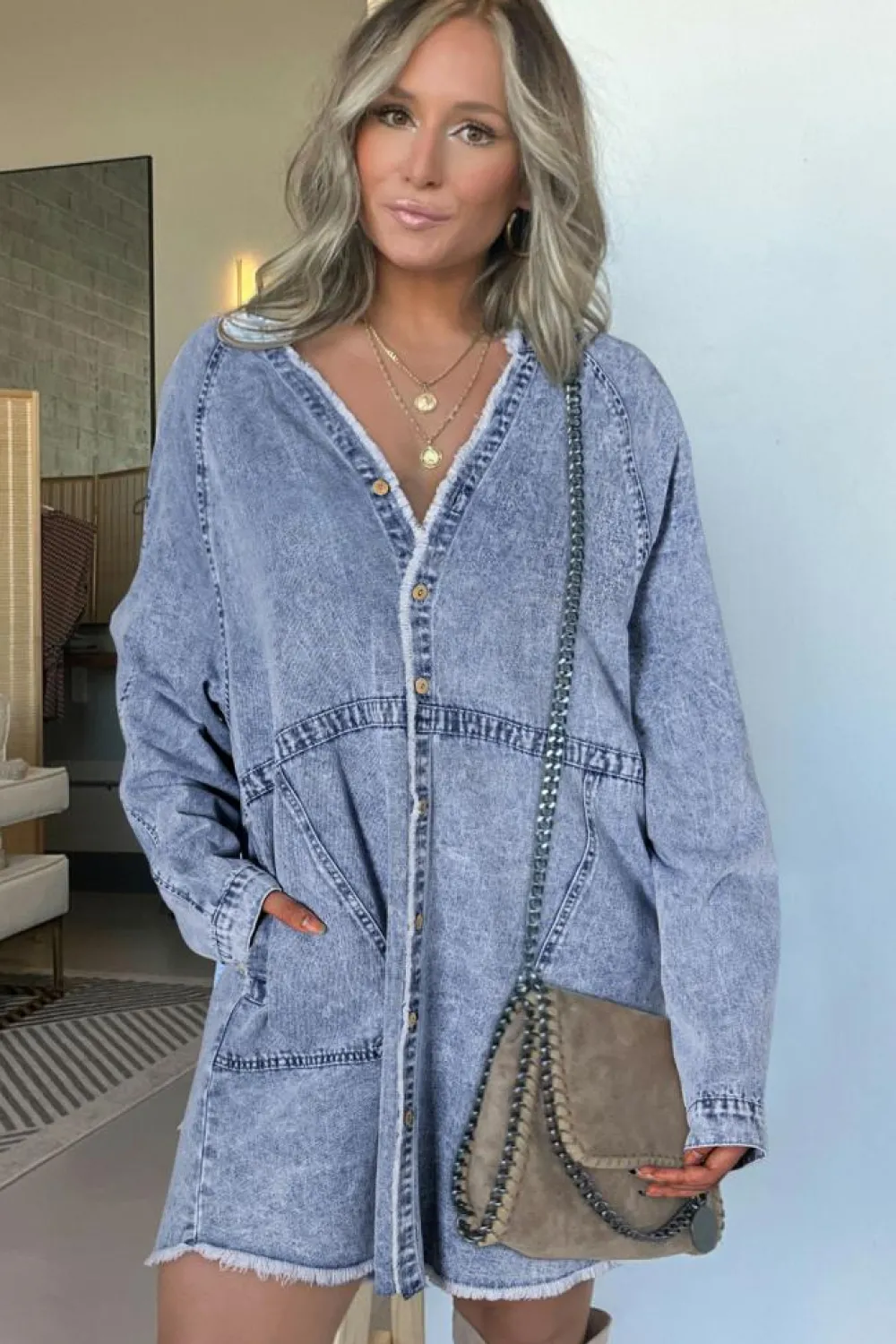 Discount Dear-Lover Mineral Wash Long Sleeve Button Up Raw Hem Pocketed Denim Dress Beau Blue