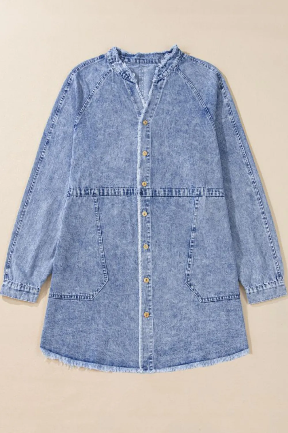 Discount Dear-Lover Mineral Wash Long Sleeve Button Up Raw Hem Pocketed Denim Dress Beau Blue