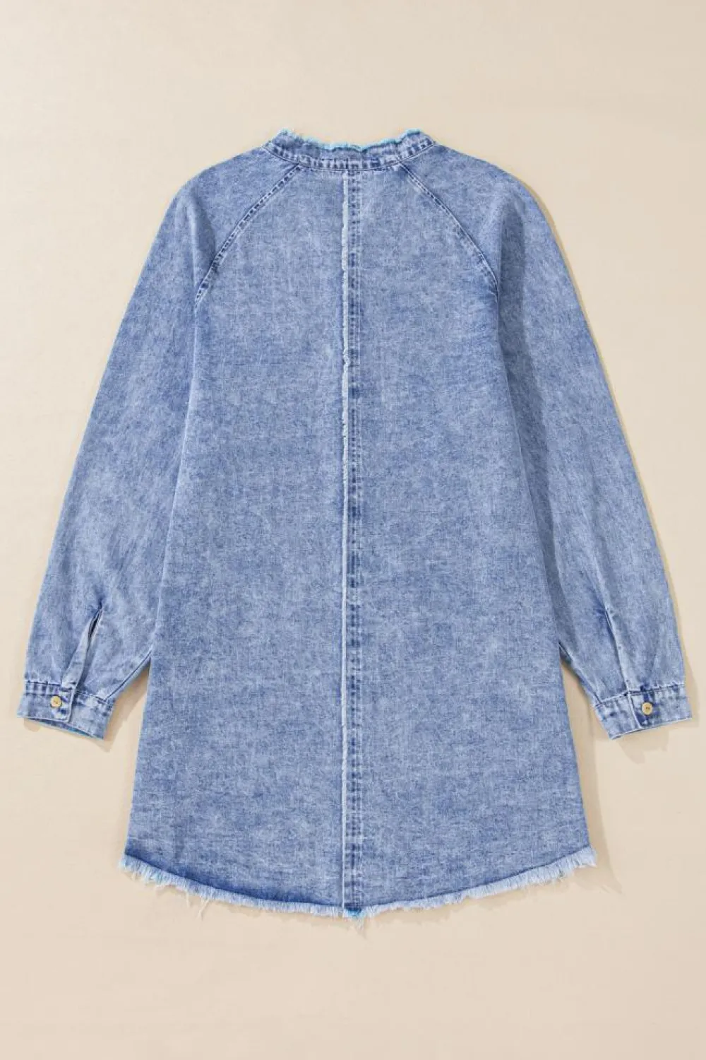 Discount Dear-Lover Mineral Wash Long Sleeve Button Up Raw Hem Pocketed Denim Dress Beau Blue