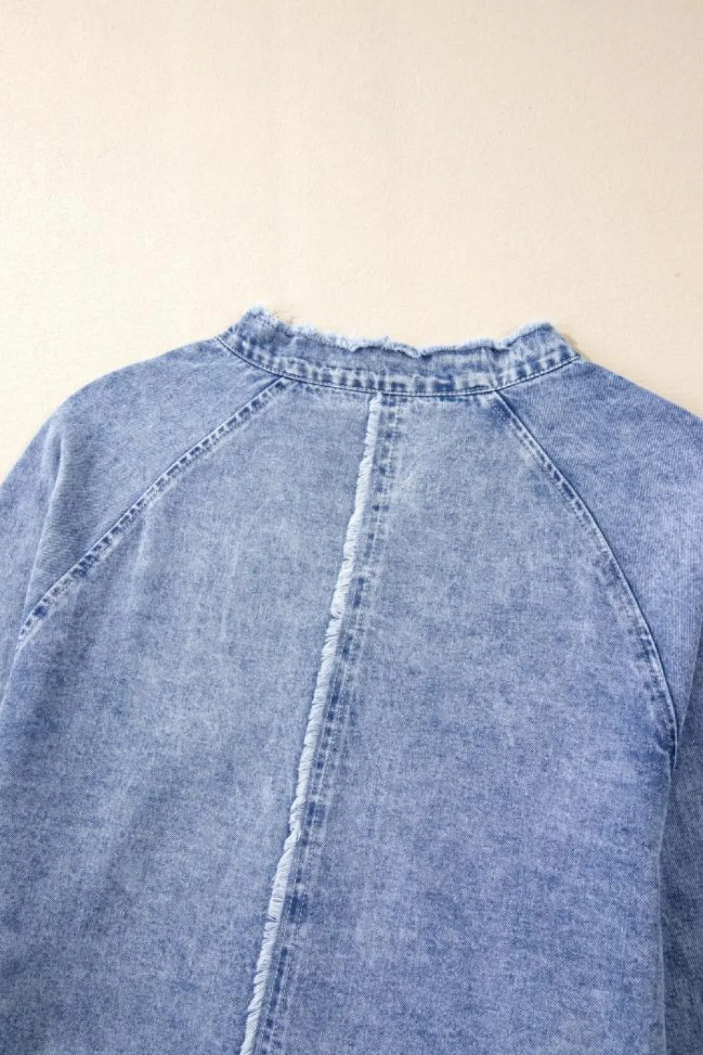 Discount Dear-Lover Mineral Wash Long Sleeve Button Up Raw Hem Pocketed Denim Dress Beau Blue