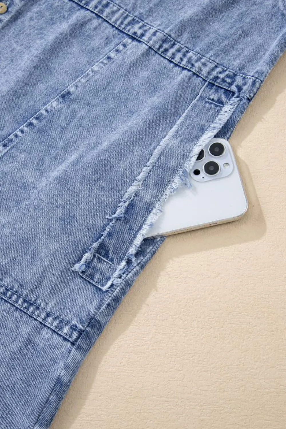 Discount Dear-Lover Mineral Wash Long Sleeve Button Up Raw Hem Pocketed Denim Dress Beau Blue