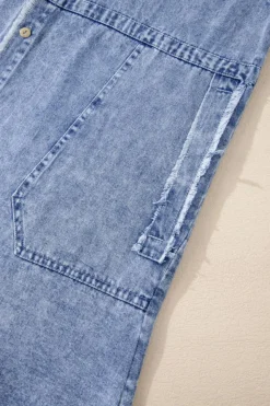 Discount Dear-Lover Mineral Wash Long Sleeve Button Up Raw Hem Pocketed Denim Dress Beau Blue