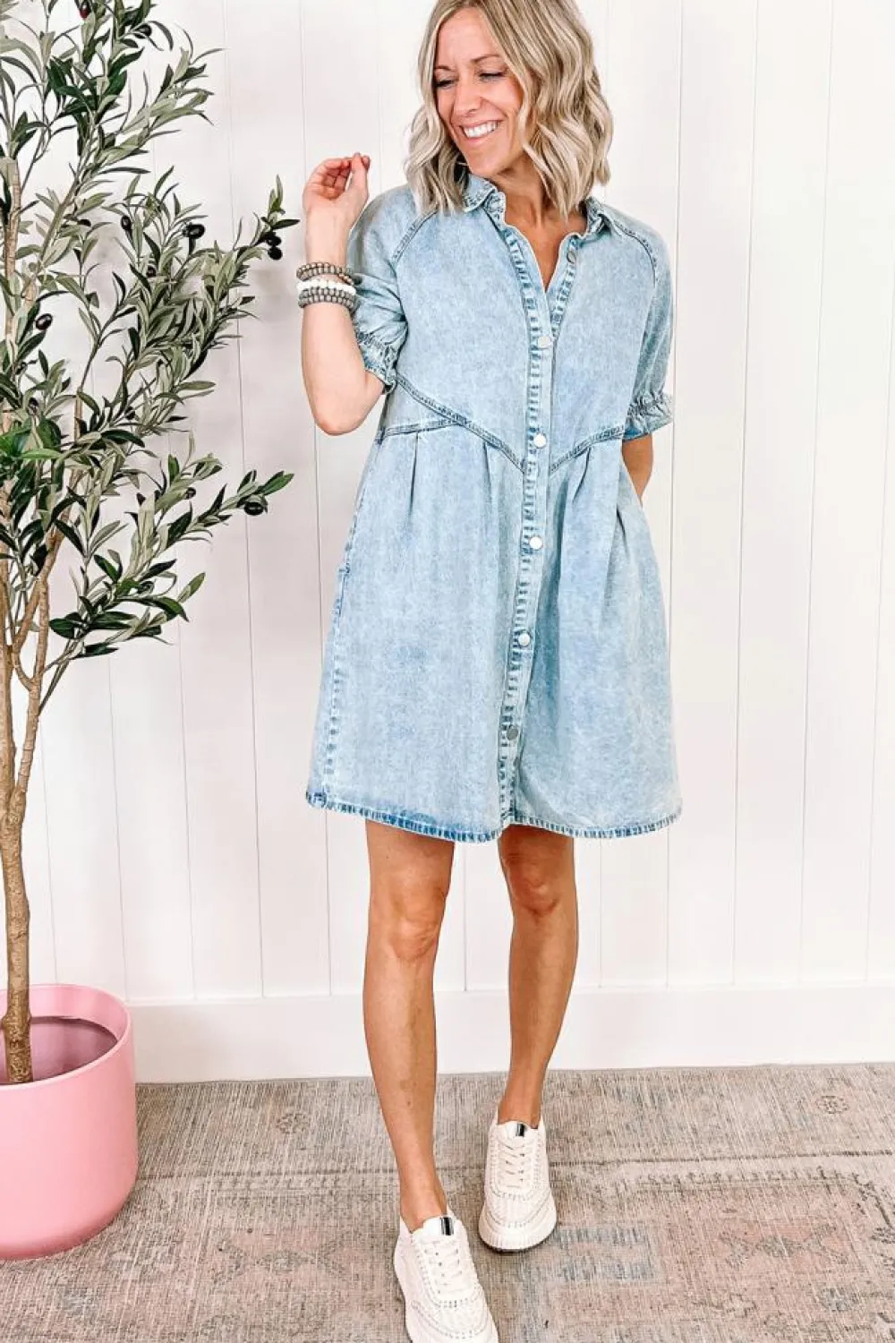 Outlet Dear-Lover Mineral Wash Ruffled Short Sleeve Buttoned Denim Dress Beau Blue