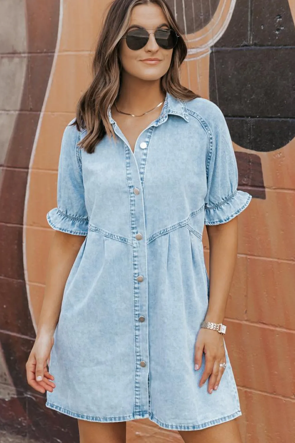 Outlet Dear-Lover Mineral Wash Ruffled Short Sleeve Buttoned Denim Dress Beau Blue