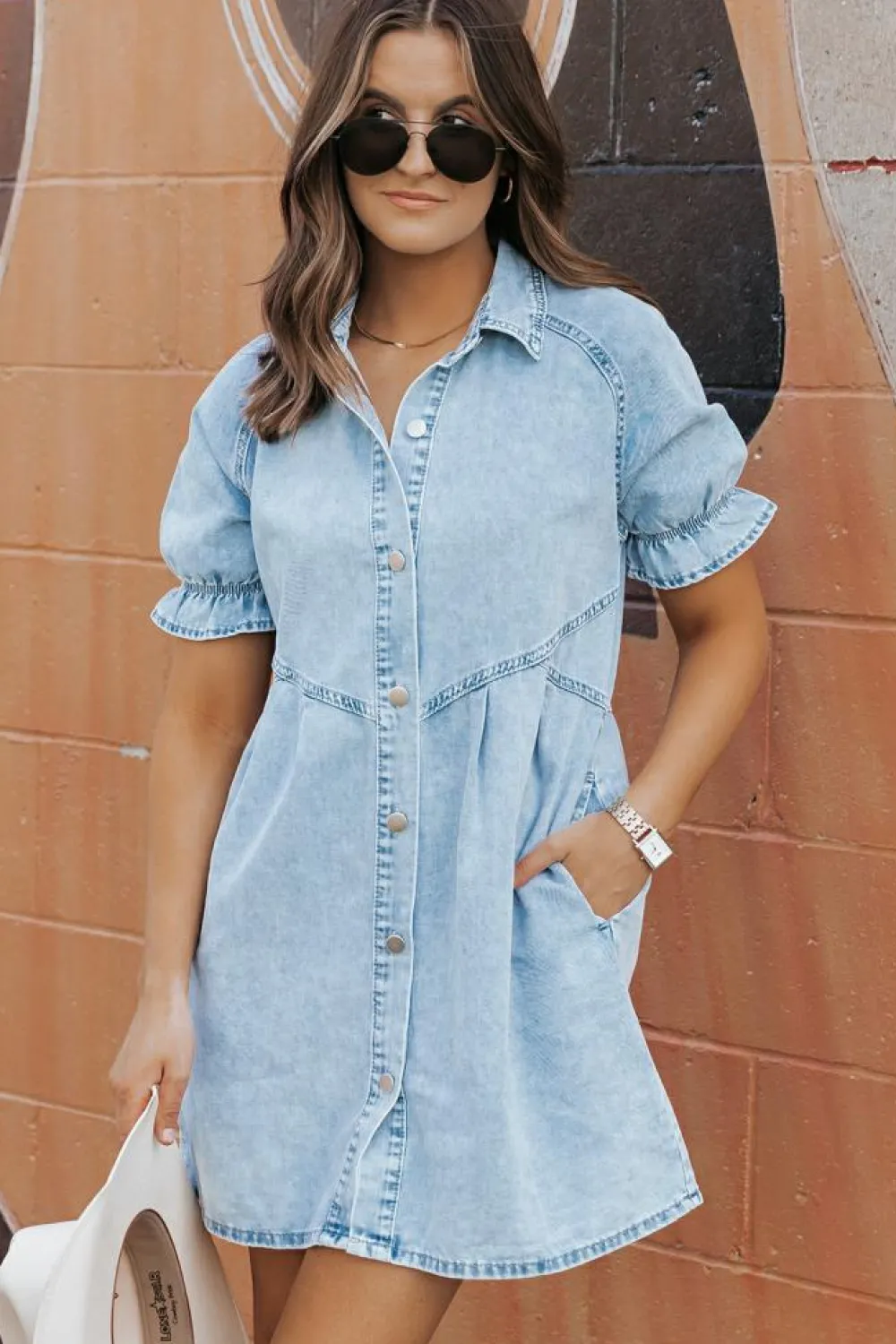 Outlet Dear-Lover Mineral Wash Ruffled Short Sleeve Buttoned Denim Dress Beau Blue