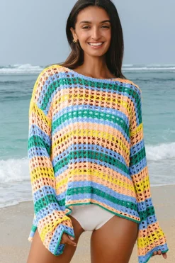 New Dear-Lover Multi Stripe Open Knit Sweater Beach Cover Up Beau Blue