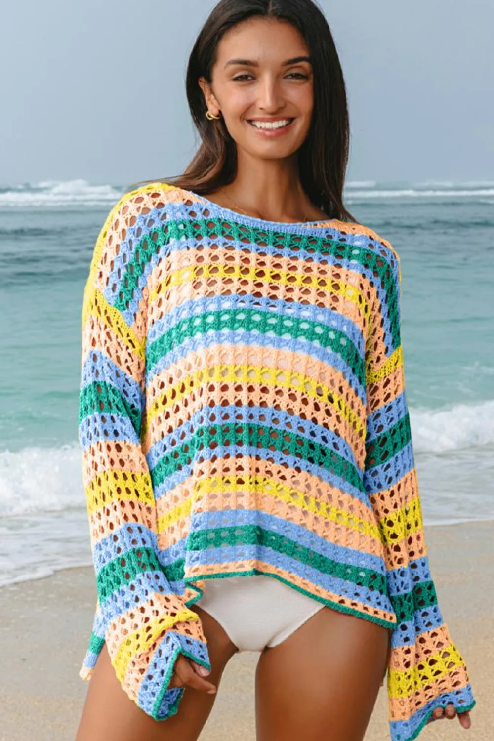 New Dear-Lover Multi Stripe Open Knit Sweater Beach Cover Up Beau Blue