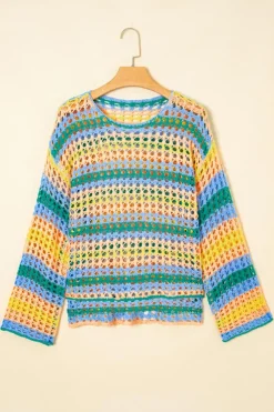 New Dear-Lover Multi Stripe Open Knit Sweater Beach Cover Up Beau Blue