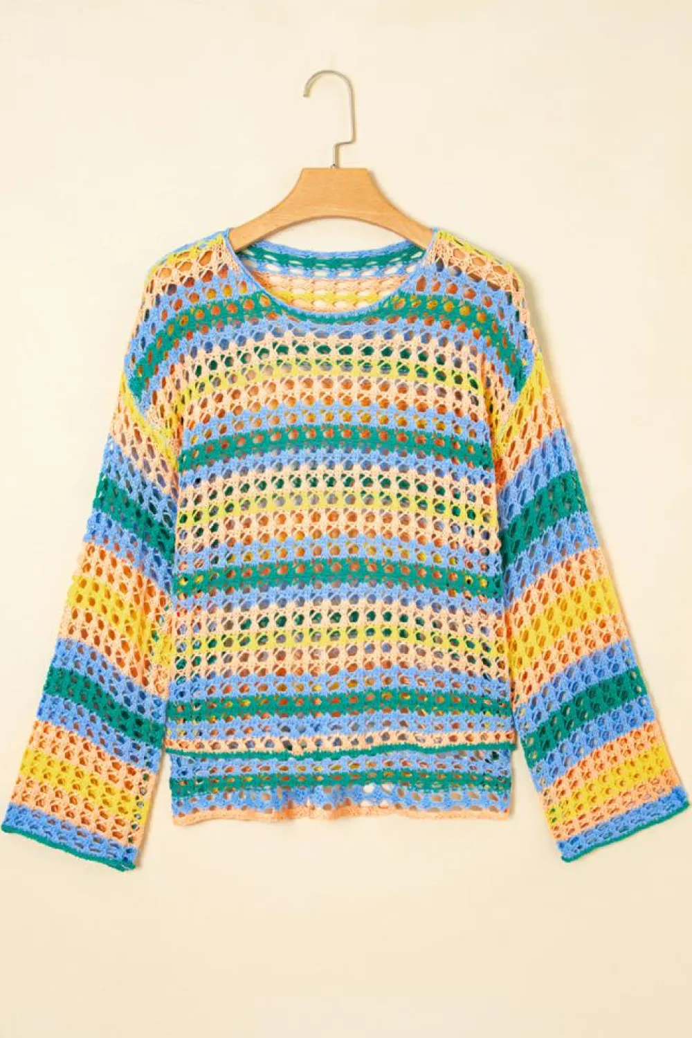 New Dear-Lover Multi Stripe Open Knit Sweater Beach Cover Up Beau Blue