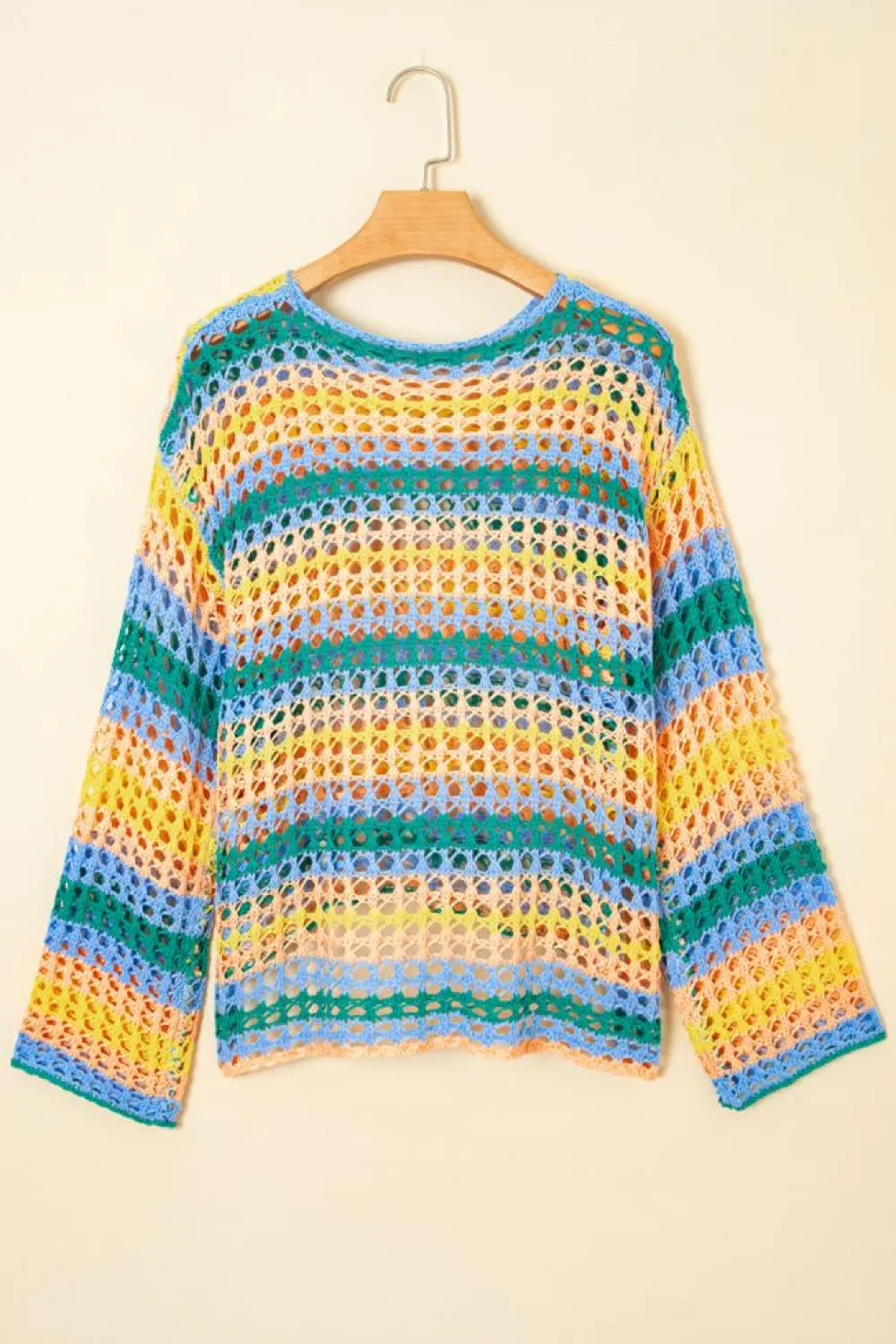 New Dear-Lover Multi Stripe Open Knit Sweater Beach Cover Up Beau Blue
