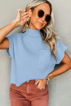 Best Dear-Lover Patch Pocket Ribbed Knit Short Sleeve Sweater Beau Blue