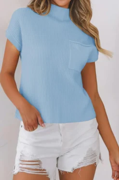 Best Dear-Lover Patch Pocket Ribbed Knit Short Sleeve Sweater Beau Blue