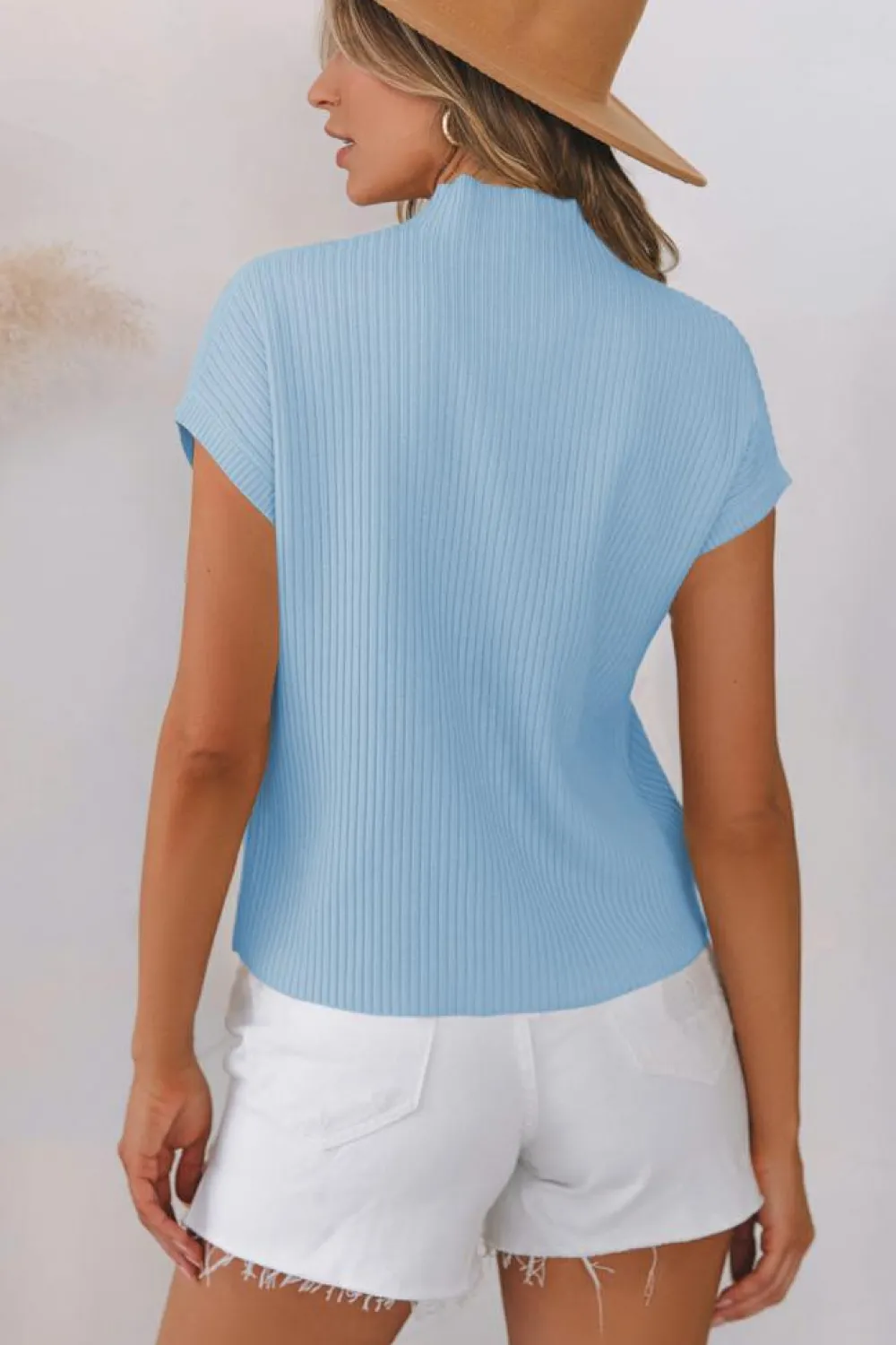 Best Dear-Lover Patch Pocket Ribbed Knit Short Sleeve Sweater Beau Blue