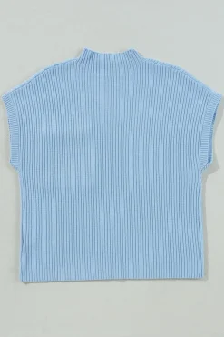 Best Dear-Lover Patch Pocket Ribbed Knit Short Sleeve Sweater Beau Blue