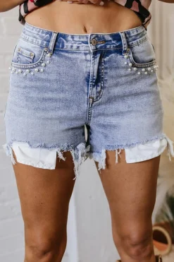 Online Dear-Lover Pearl Studded Pockets Raw Hem Denim Shorts Beau Blue