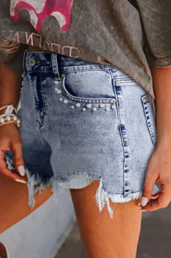 Online Dear-Lover Pearl Studded Pockets Raw Hem Denim Shorts Beau Blue