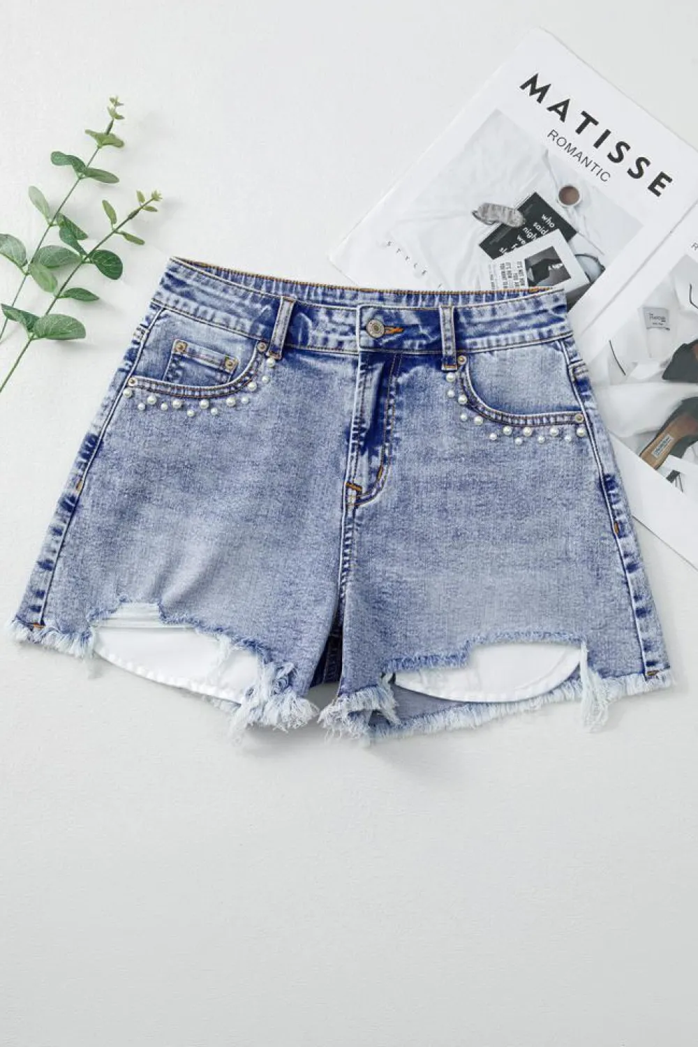 Online Dear-Lover Pearl Studded Pockets Raw Hem Denim Shorts Beau Blue