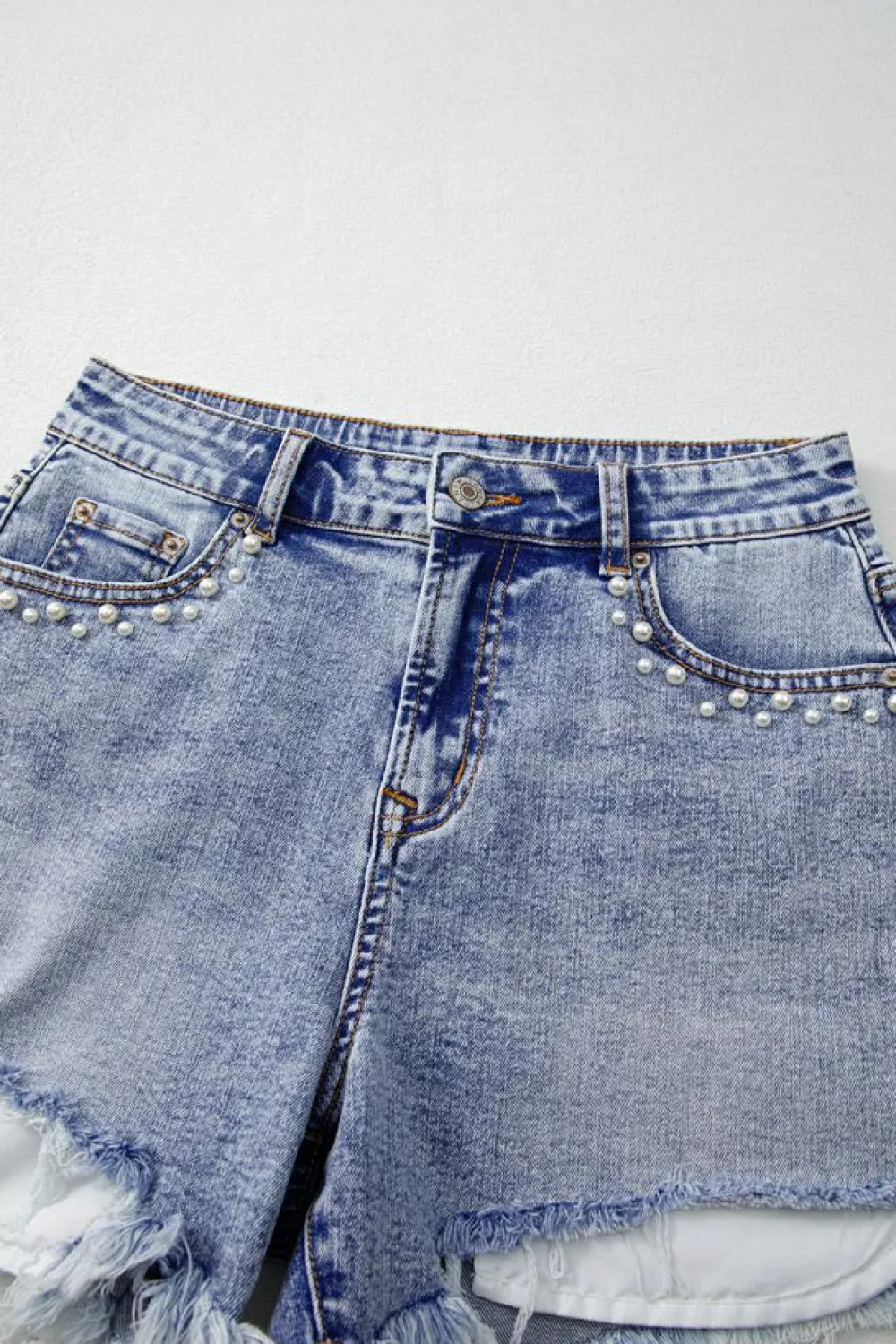 Online Dear-Lover Pearl Studded Pockets Raw Hem Denim Shorts Beau Blue