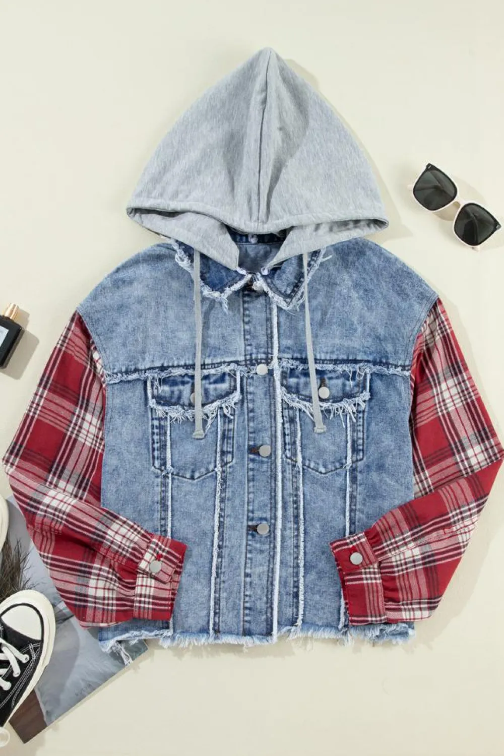 Sale Dear-Lover Plaid Print Patchwork Hooded Raw Hem Denim Jacket Beau Blue
