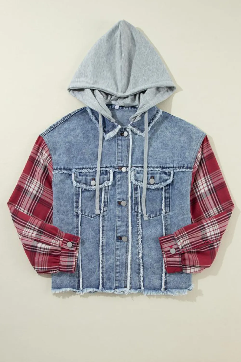 Sale Dear-Lover Plaid Print Patchwork Hooded Raw Hem Denim Jacket Beau Blue
