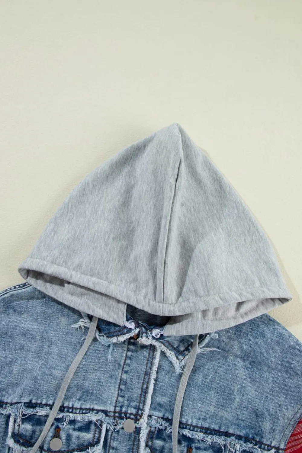 Sale Dear-Lover Plaid Print Patchwork Hooded Raw Hem Denim Jacket Beau Blue