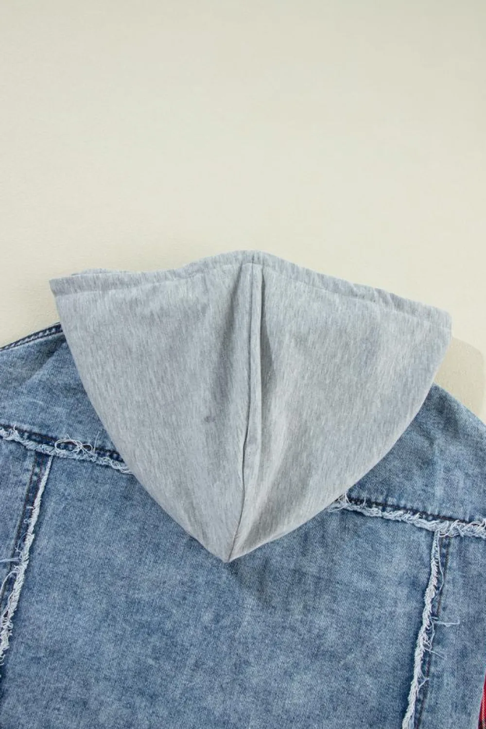 Sale Dear-Lover Plaid Print Patchwork Hooded Raw Hem Denim Jacket Beau Blue