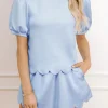 Fashion Dear-Lover Puff Sleeve Pearl Embellished Scallop Trim Top 2 Piece Skort Set Beau Blue