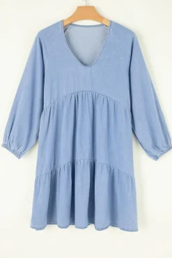 Discount Dear-Lover Puff Sleeve V Neck Tiered Ruffled Chambray Mini Dress Beau Blue