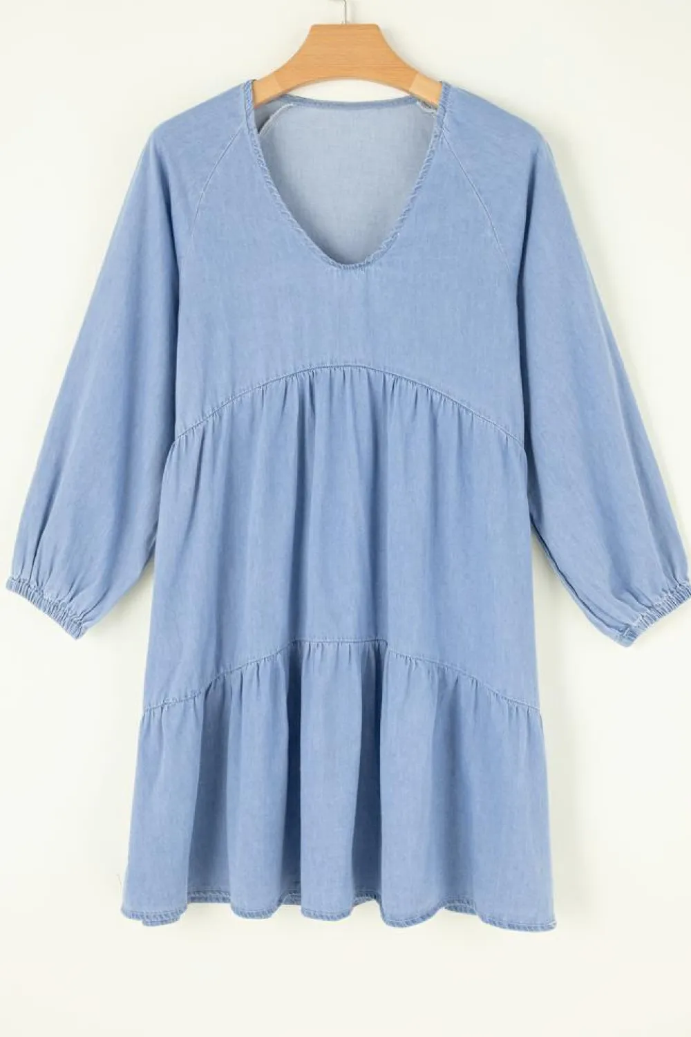 Discount Dear-Lover Puff Sleeve V Neck Tiered Ruffled Chambray Mini Dress Beau Blue