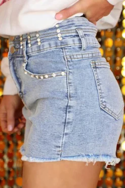 New Dear-Lover Rhinestone Light Wash Raw Hem High Waist Denim Shorts Beau Blue