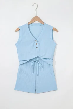 New Dear-Lover Ribbed Button V Neck Tank Top and Shorts Set Beau Blue